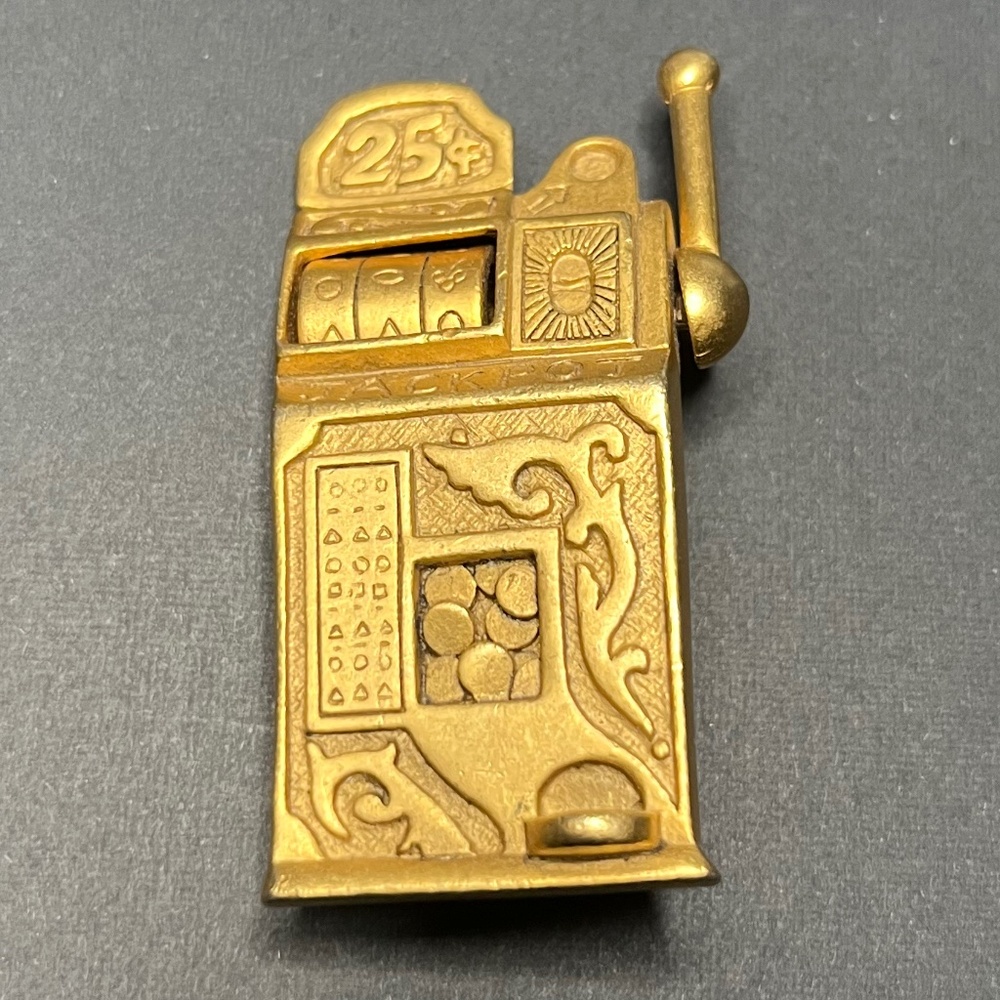 Vintage Signed AJC Gaming Gold Tone Metal Articulated Window and Arm Brooch Pin